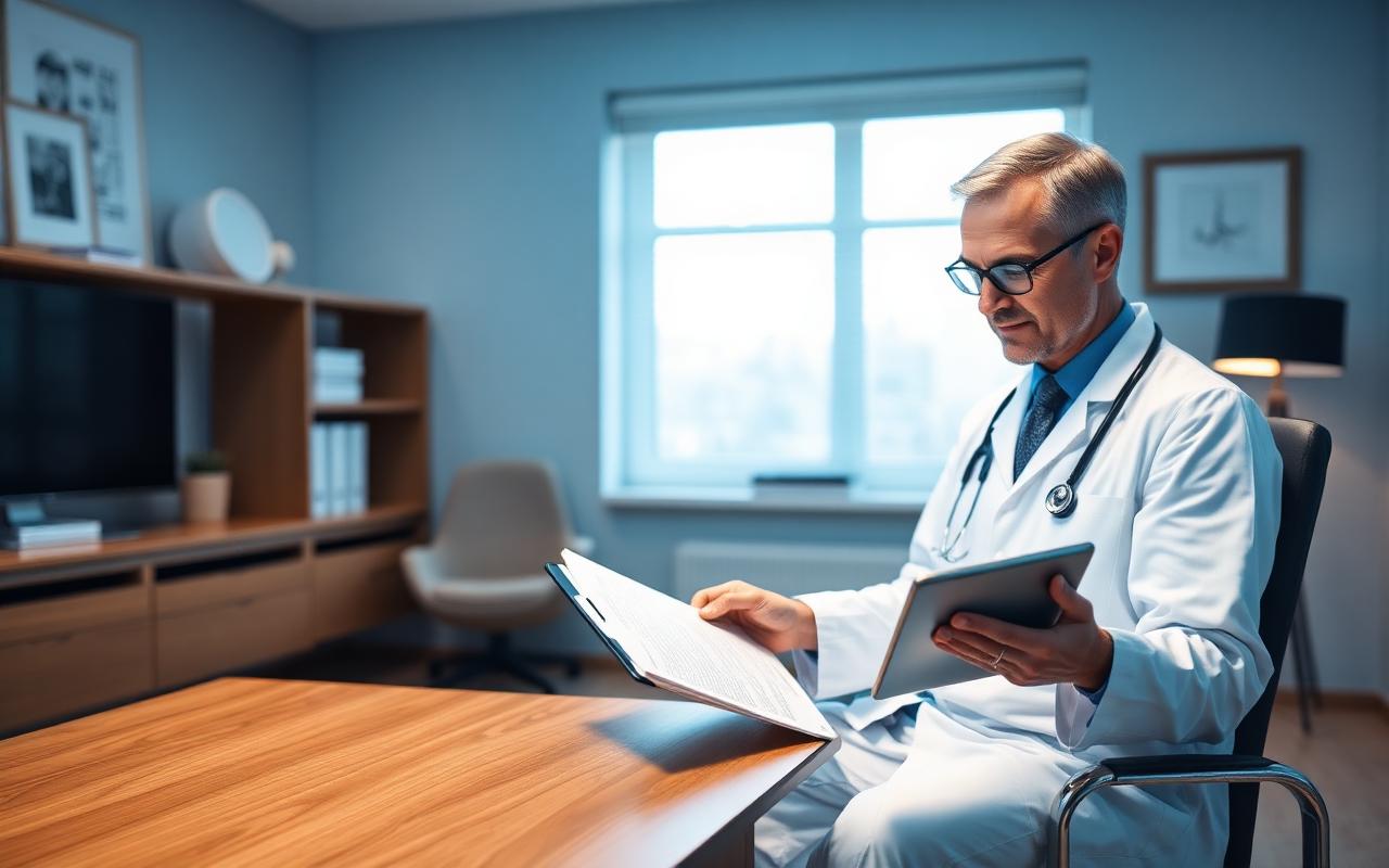 Doctor reviewing international client medical documents